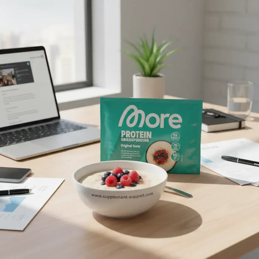 Protein Grießpudding mit frischen Beeren im Büro, More Verpackung sichtbar