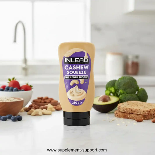 INLEAD Cashew Squeeze ohne Zucker, 260g, in moderner Küche mit gesunden Lebensmitteln