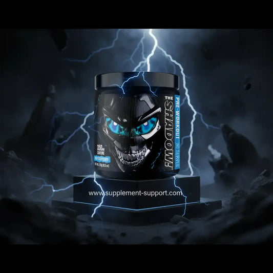 JNX The Shadow Pre-Workout Booster 270g Dose mit Blitz, dunkler Hintergrund, Fitness Supplement