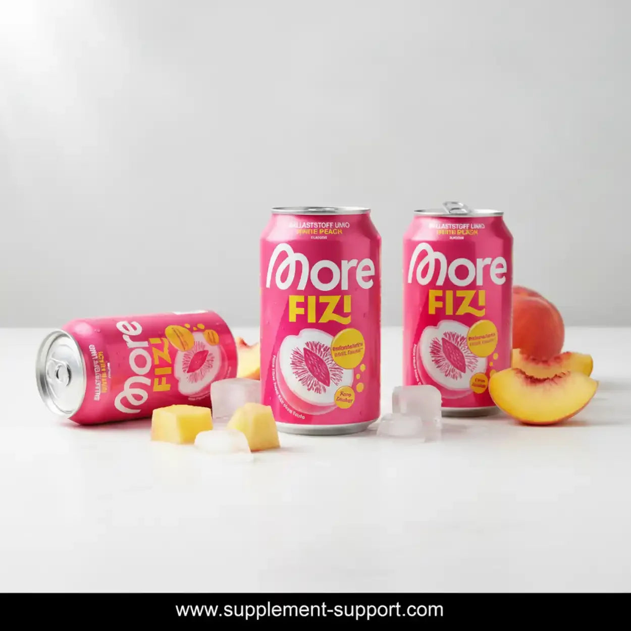 Drei More FIZ! White Peach Dosen, mit Eiswürfeln und Pfirsichstücken auf weißem Tisch.
