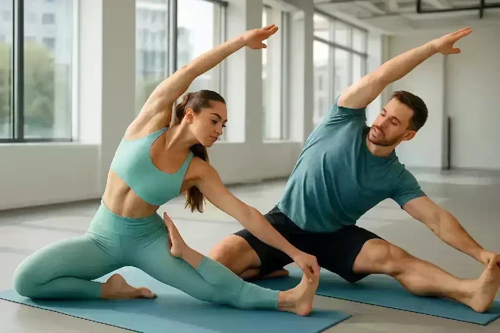 Zwei Personen beim Yoga in Sportkleidung machen seitliche Dehnübungen im Fitnessstudio.