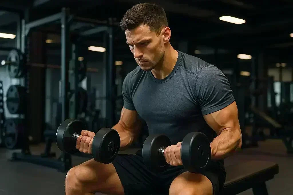 Kraftsportler trainiert mit Kurzhanteln im Fitnessstudio, Bodybuilding, Muskelaufbau