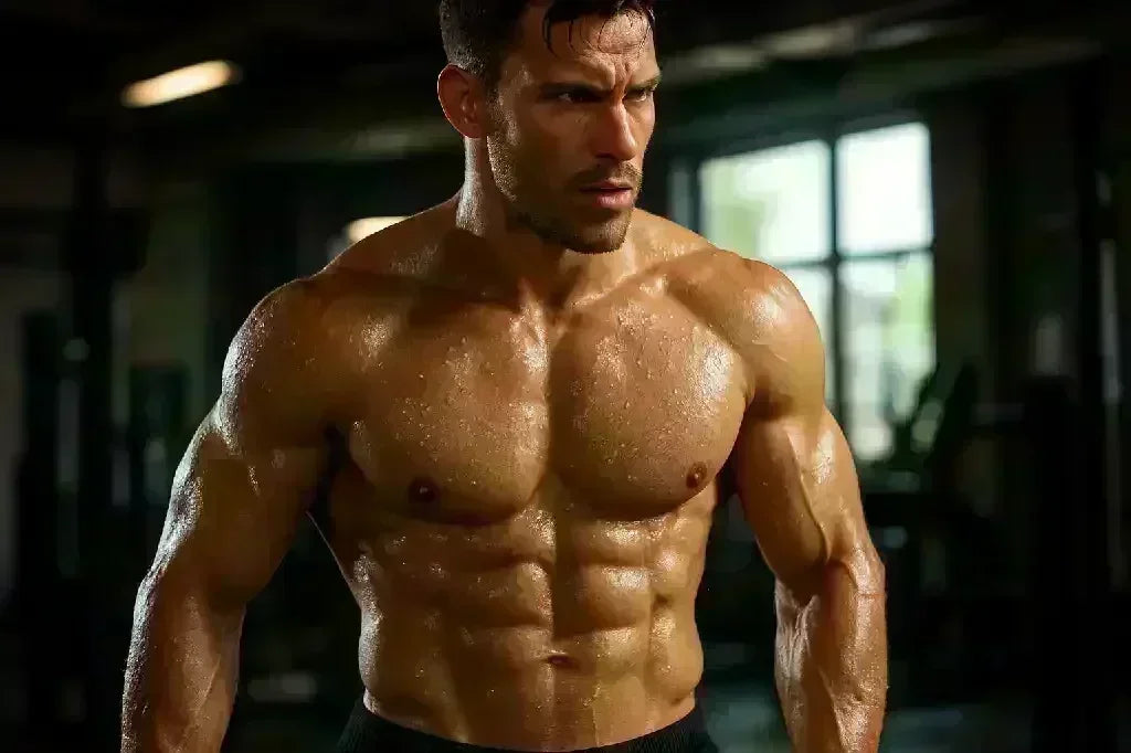 Muskelbepackter Mann im Fitnessstudio, Oberkörper frei und schweißnass, Bodybuilding