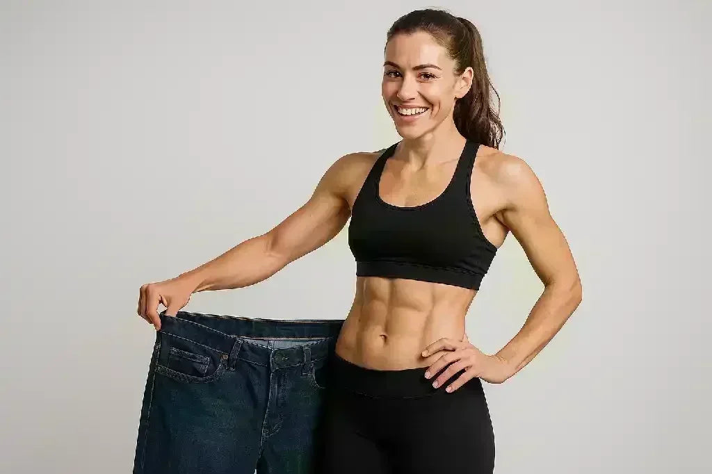 Sportliche Frau in Sportkleidung hält weite Jeans zur Gewichtsabnahme, Fitness Erfolg