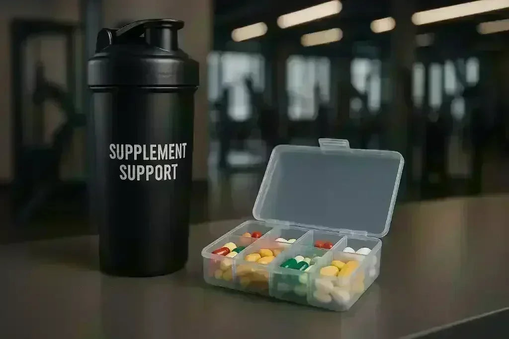 Supplementen Box mit bunten Kapseln und schwarzem Shaker mit Aufschrift SUPPLEMENT SUPPORT im Fitnessstudio