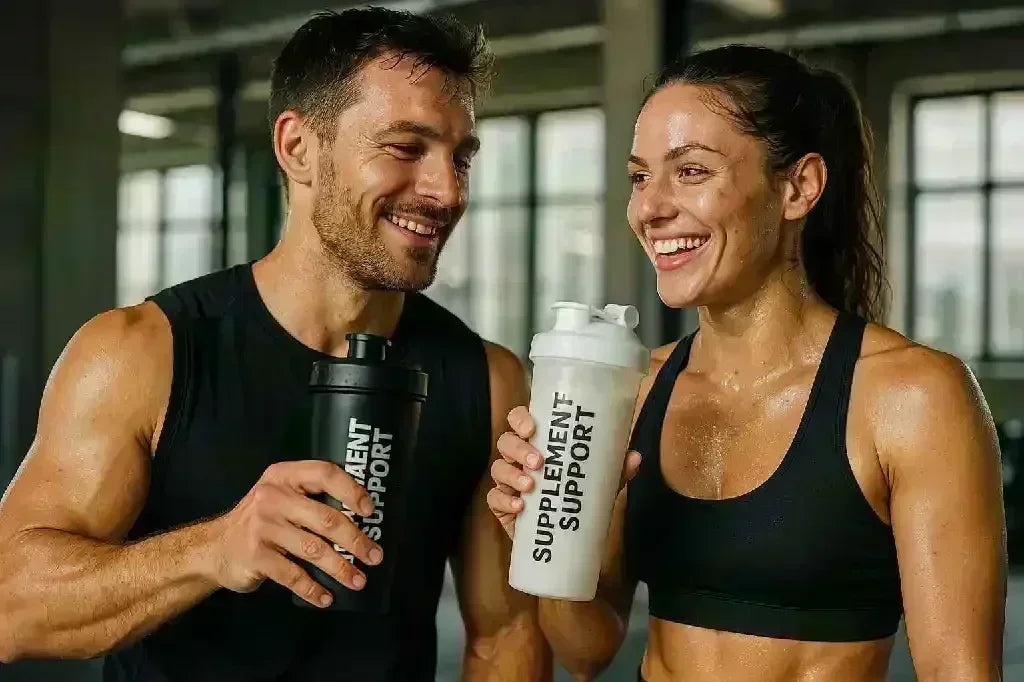 Sportliches Paar im Fitnessstudio mit SUPPLEMENT SUPPORT Shakern, Trainingsoutfit, schwitzend