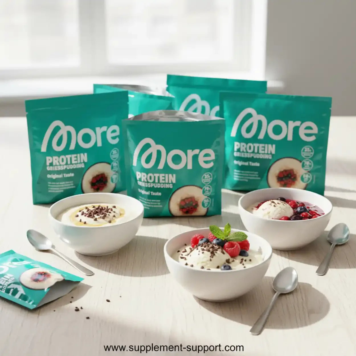 More Protein Grießpudding in Tüten auf Tisch, serviert in Schalen mit Beeren und Schokoraspeln