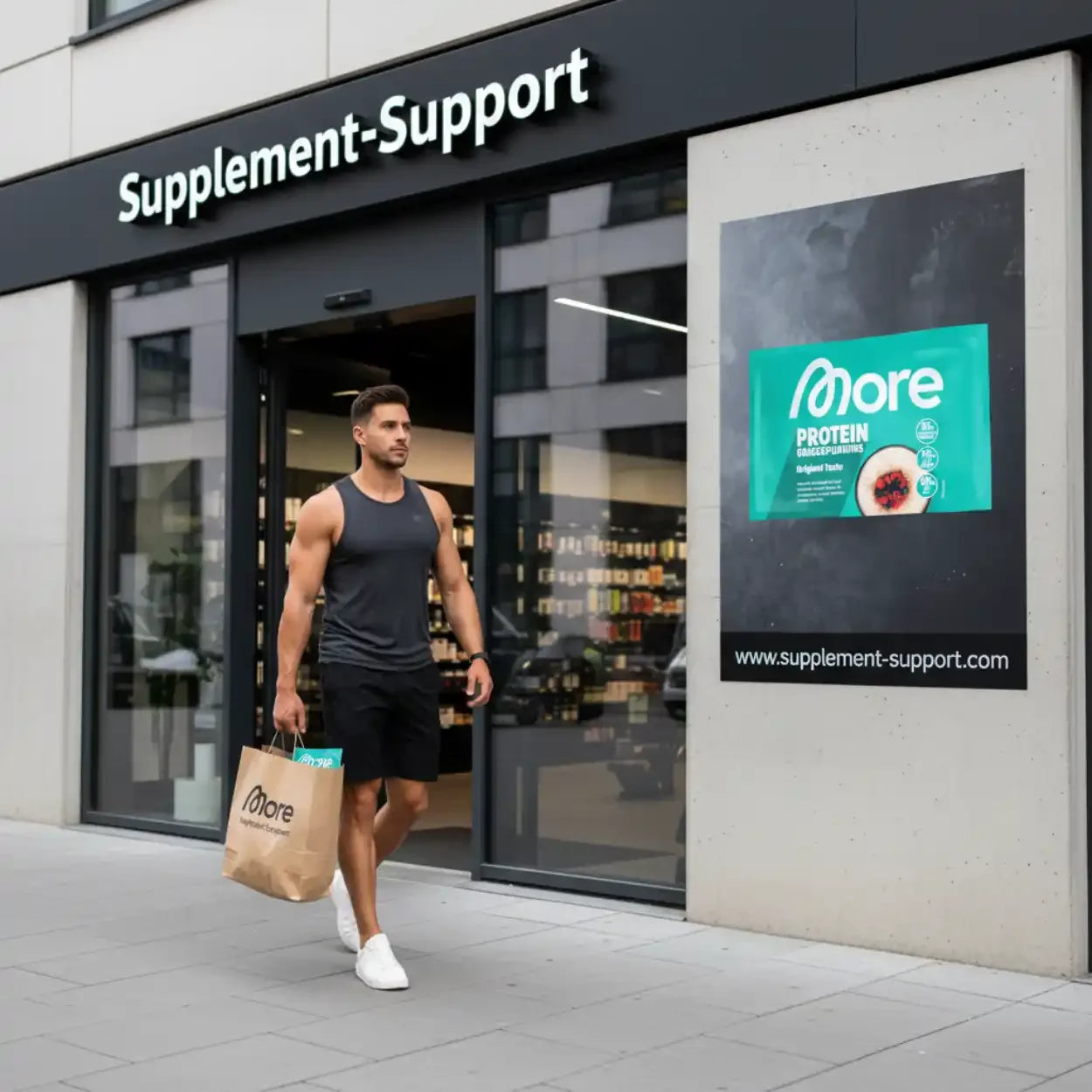 Sportlicher Mann mit Proteinpulver-Einkaufstüte vor Nahrungsergänzungsmittel-Geschäft