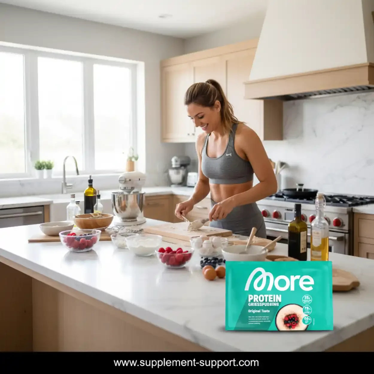 Sportliche Frau bereitet in moderner Küche Protein Grießpudding und frische Zutaten zu.