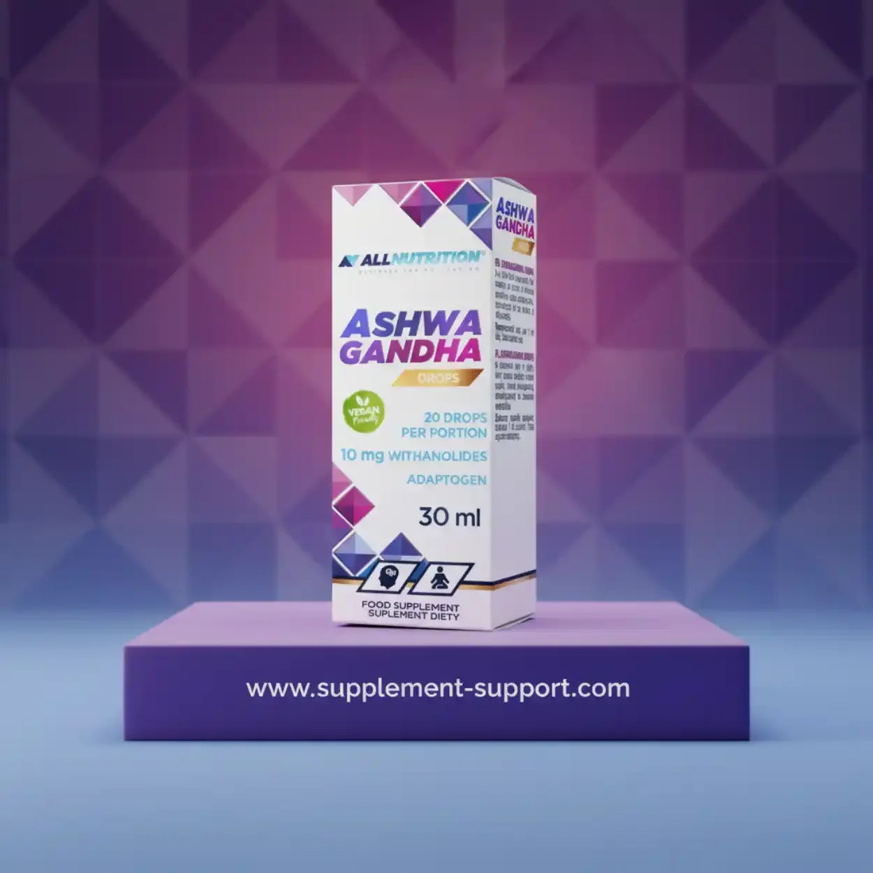 Ashwagandha Tropfen 30 ml AllNutrition Nahrungsergänzung auf lila Podest, supplement-support.com