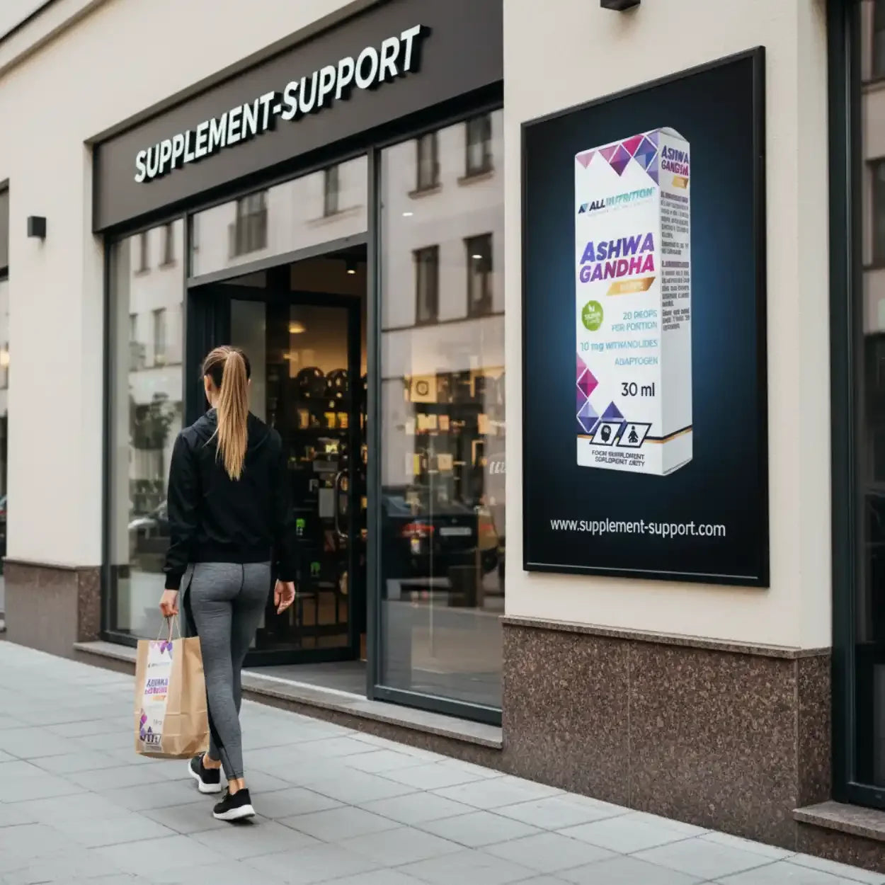 Frau vor Supplement-Support Laden in Berlin, Werbetafel für Ashwagandha Tropfen, Sportnahrung