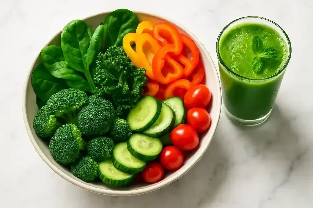 Schüssel mit frischem Gemüse wie Brokkoli, Spinat, Paprika, Gurke, Tomaten und grüner Smoothie