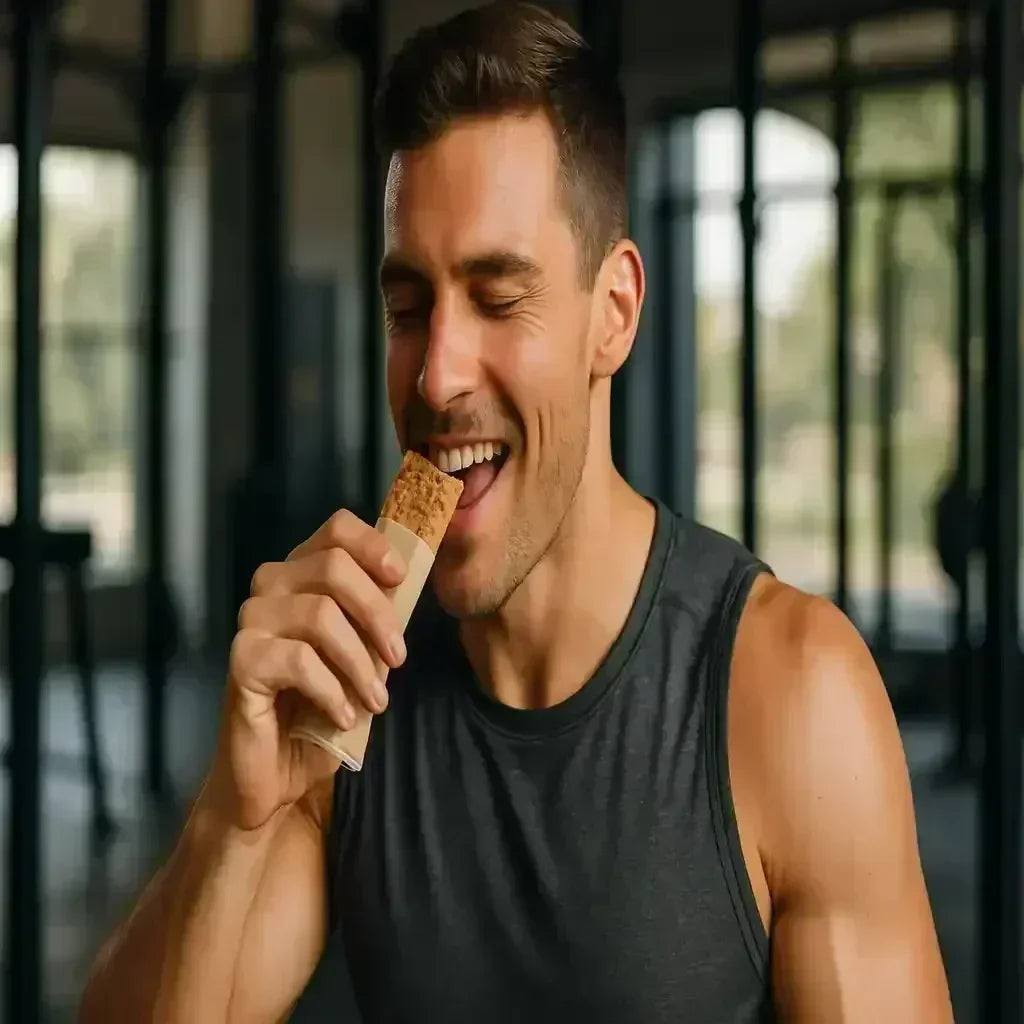 Muskulöser Mann isst Proteinriegel im Fitnessstudio, Fitness-Snack, Sporternährung