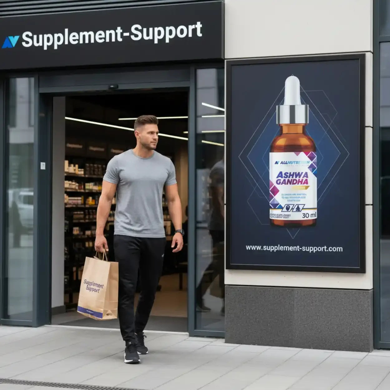 Mann verlässt Supplement-Support Berlin mit Einkaufstasche, Ashwagandha Werbung im Hintergrund