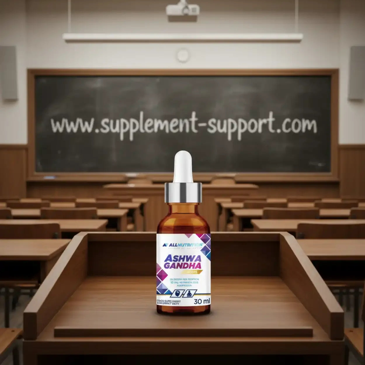 Ashwagandha Tropfen von Allnutrition im Klassenzimmer, www.supplement-support.com an Tafel