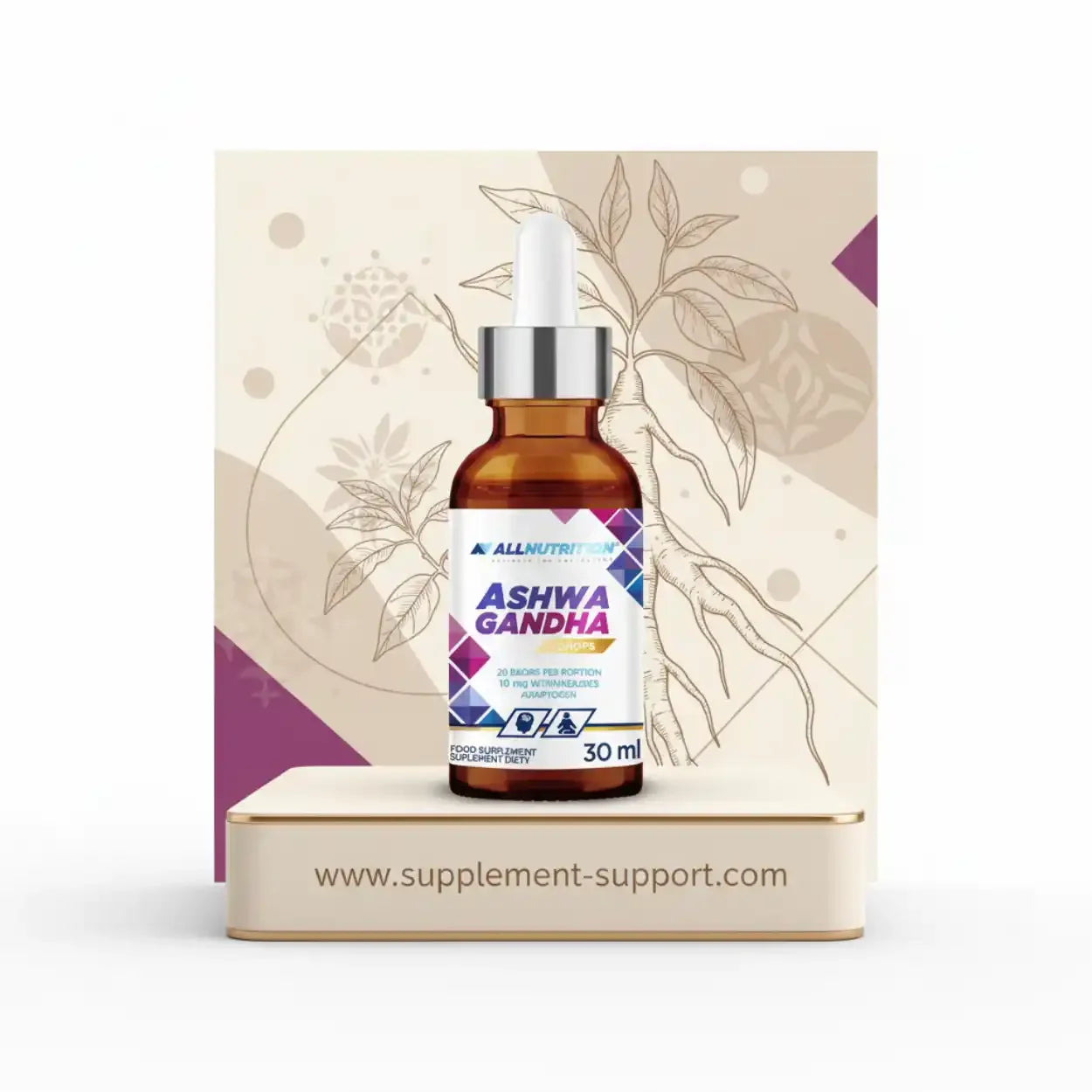 Allnutrition Ashwagandha Tropfen 30ml Nahrungsergänzung auf Podest bei supplement-support.com