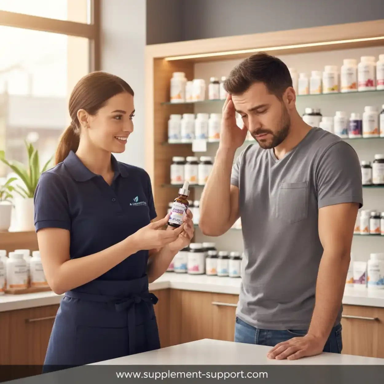 Beratung zu Nahrungsergänzungsmitteln in Berliner Supplement-Shop, Mann erhält Produktinfo