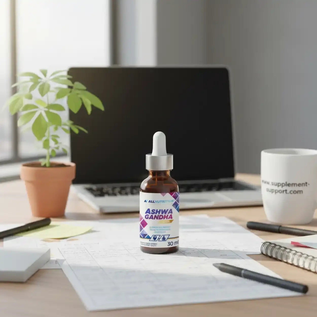 Ashwagandha Tropfen von AllNutrition, 30ml, auf Schreibtisch mit Laptop und Tasse von Supplement-Support.com