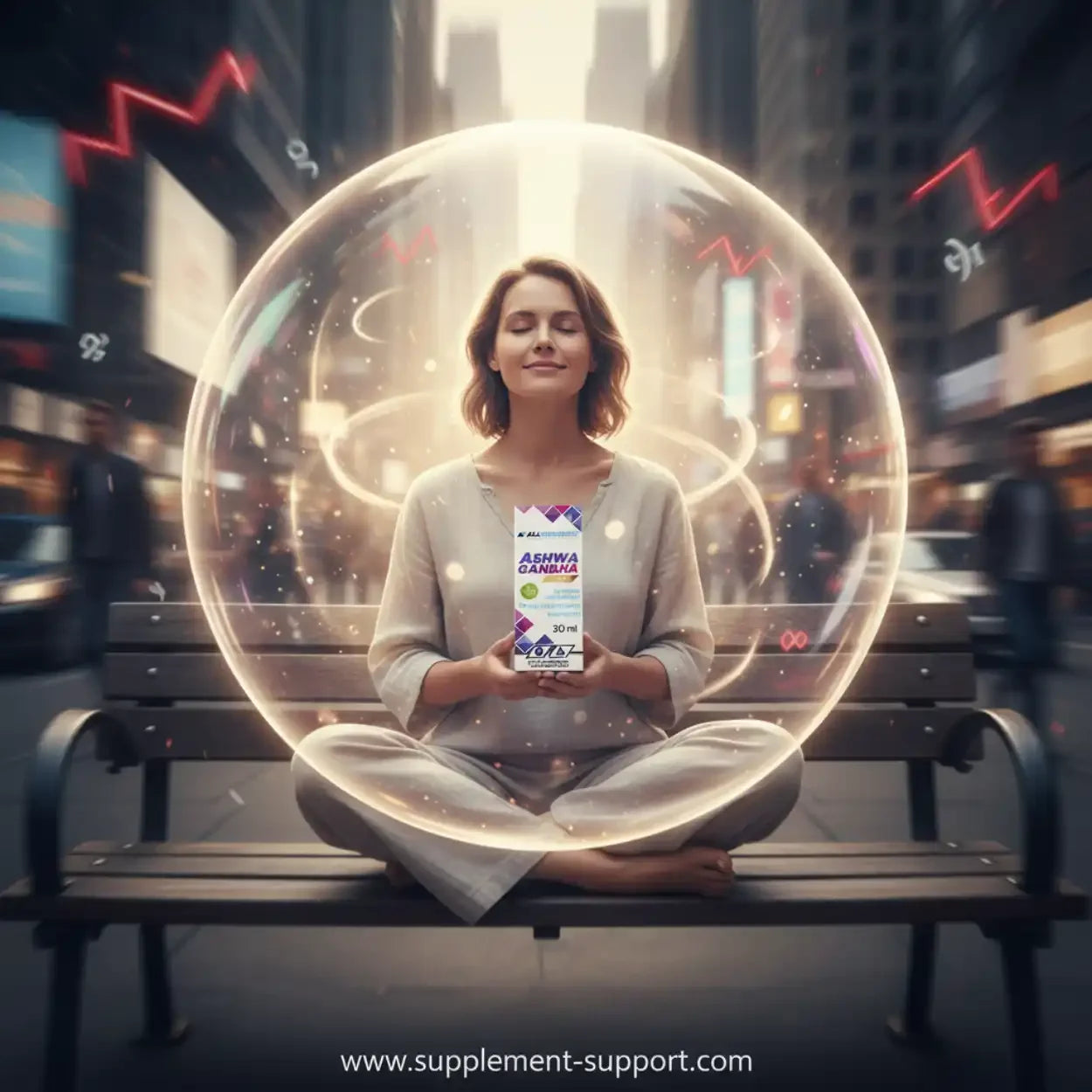 Frau sitzt meditierend mit Ashwa Ganna Nahrungsergänzungsmittel auf Parkbank in Stadt, www.supplement-support.com