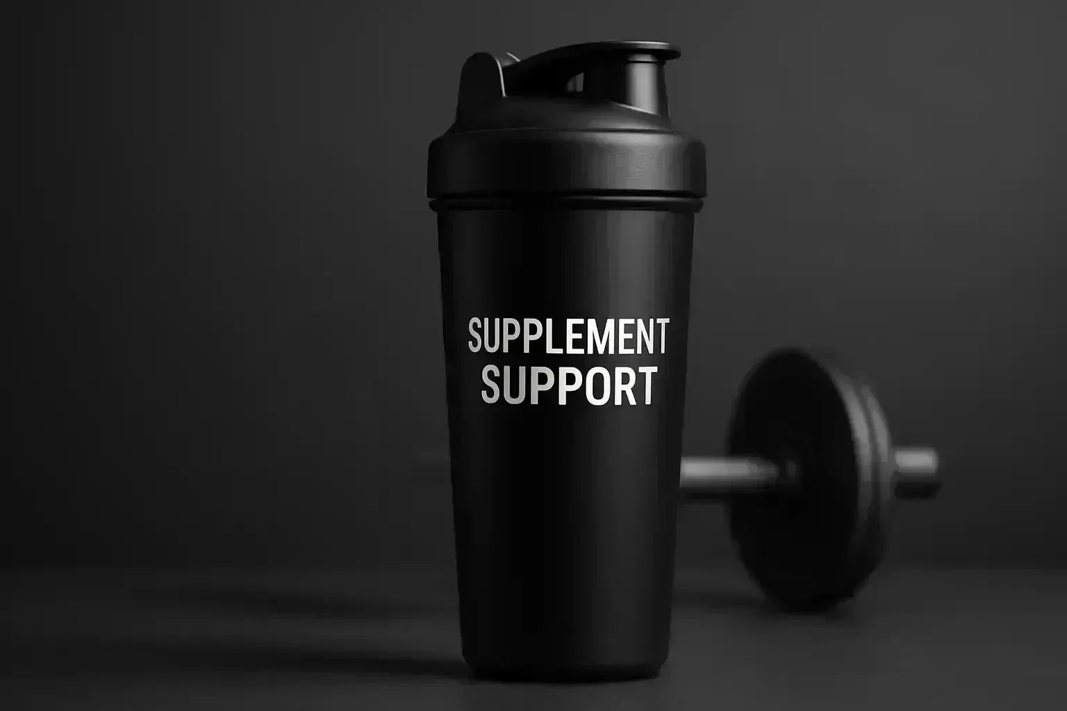 Schwarzer Shaker mit Aufdruck Supplement Support vor Hantel, Fitness- und Supplementbild