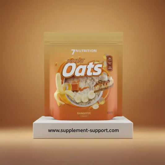 7Nutrition Instant Oats Banoffee, Haferflocken für Sportler, auf weißem Podest, supplement-support.com