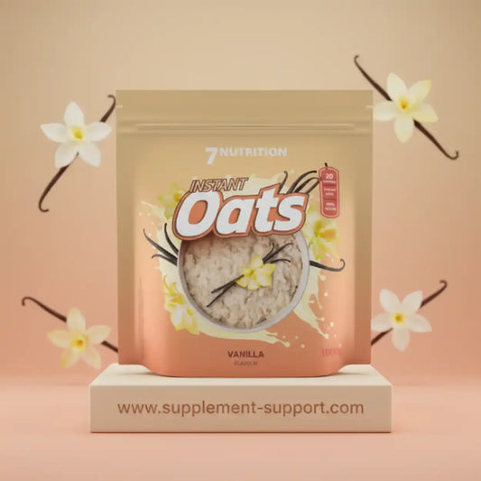 7Nutrition Instant Oats Vanille, Nahrungsergänzung aus Berlin, Verpackung mit Vanilleblüten