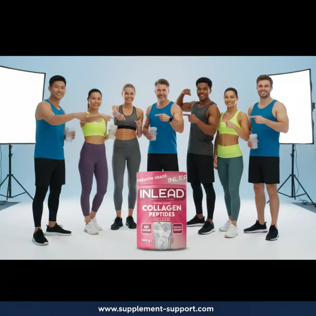 Gruppe sportlicher Menschen präsentiert INLEAD Collagen Peptides 500g, Studiohintergrund, supplement-support.com
