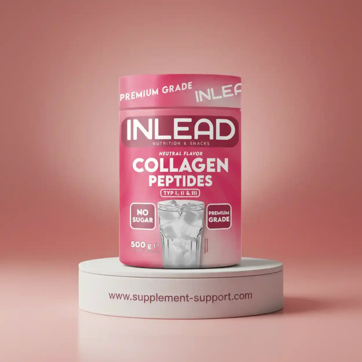 INLEAD Collagen Peptides 500g Beutel auf Podest, Nahrungsergänzung, Supplement-Support.com