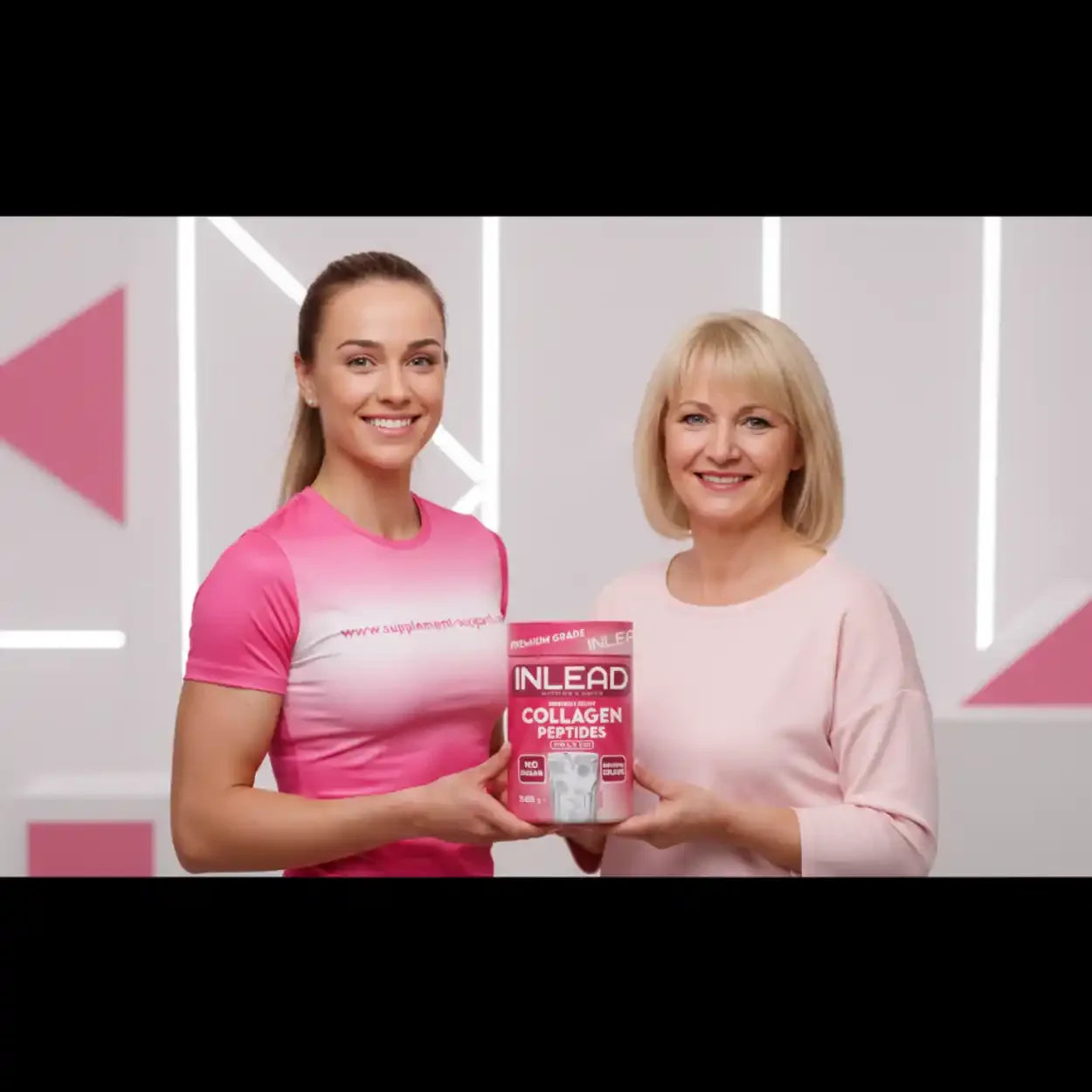 Zwei Frauen präsentieren INLEAD Collagen Peptides 500g Packung bei Supplement-Support.com