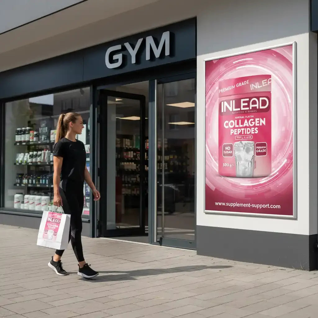 Frau vor Fitnessstudio mit Einkaufstasche, INLEAD Collagen Peptides Werbeplakat, Supplement-Support.com