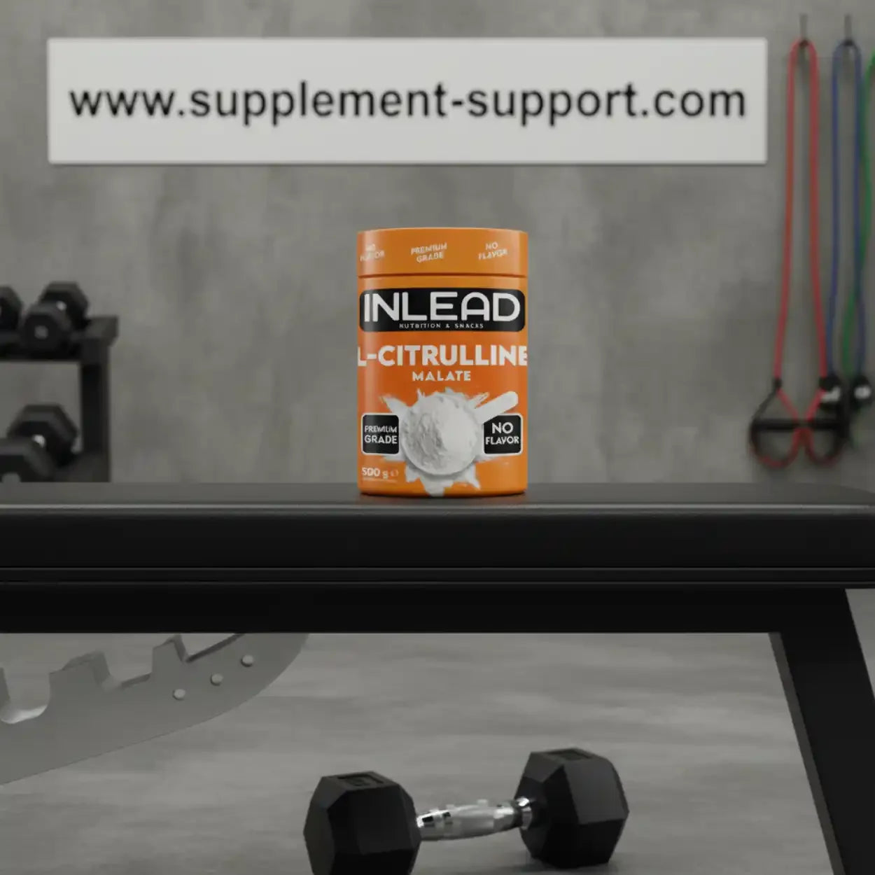 INLEAD L-Citrullin Malat 500g Dose auf Trainingsbank im Fitnessraum bei Supplement-Support.com