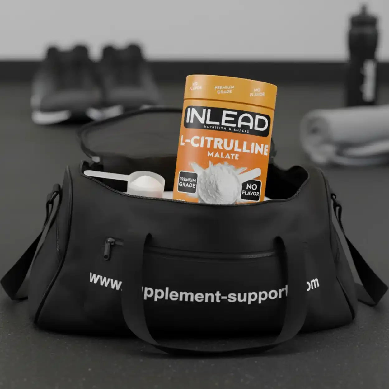 INLEAD L-Citrullin Malat 500g in Sporttasche von Supplement-Support.com im Fitnessstudio