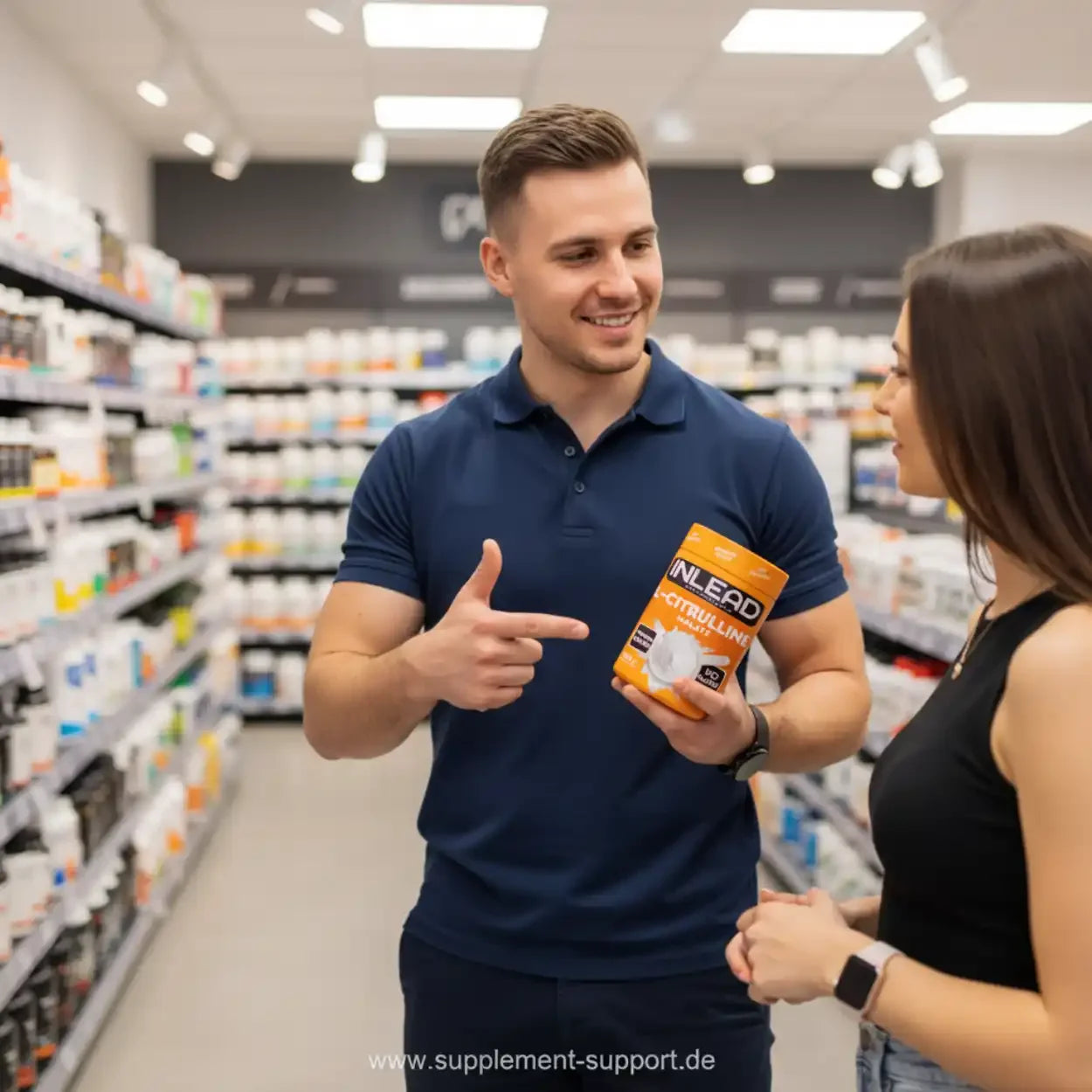 Mann zeigt INLEAD L-Citrullin Malat 500g Nahrungsergänzung im Supplement-Shop Berlin