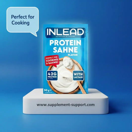 INLEAD Protein Sahne Probe 50g auf Podest, proteinreiche Nahrungsergänzung, Berlin Shop