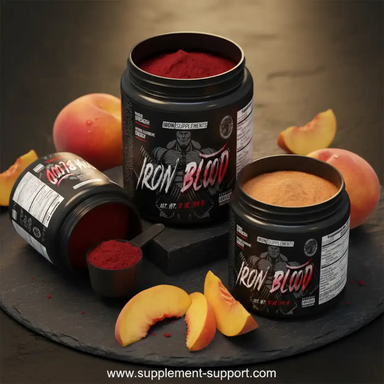 Iron Blood Trainingsbooster Pulver in schwarzen Dosen, mit Messlöffel und frischen Pfirsichstücken, Fitness Supplement