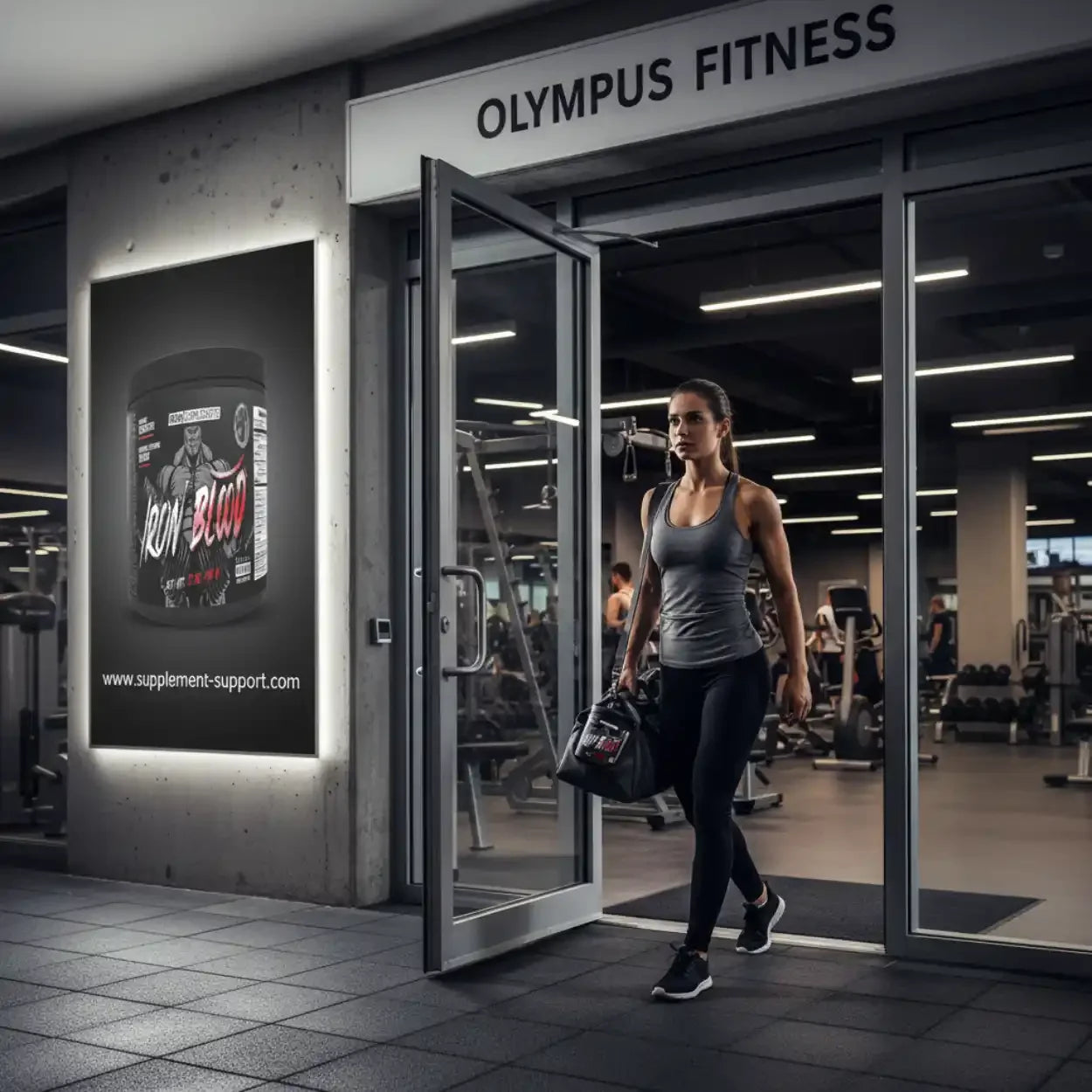 Frau im Sportoutfit verlässt Fitnessstudio, Werbeplakat mit Iron Blood Trainingsbooster an der Wand