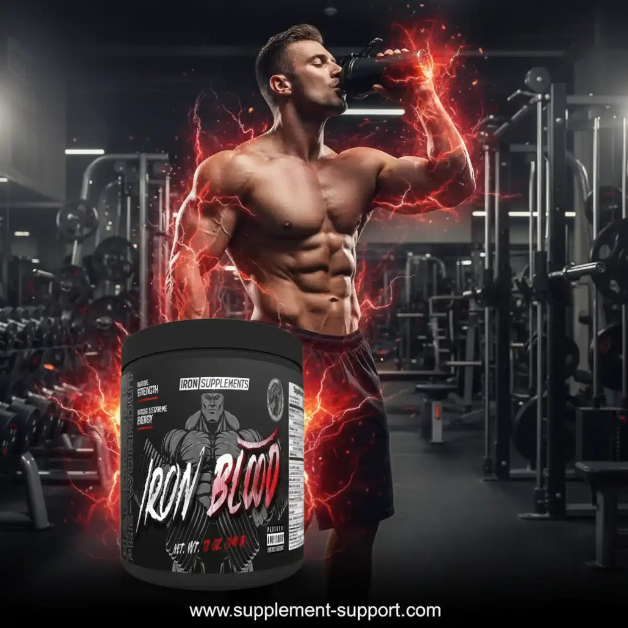 Muskelbepackter Mann im Fitnessstudio trinkt Trainingsbooster Iron Blood, Produkt im Vordergrund