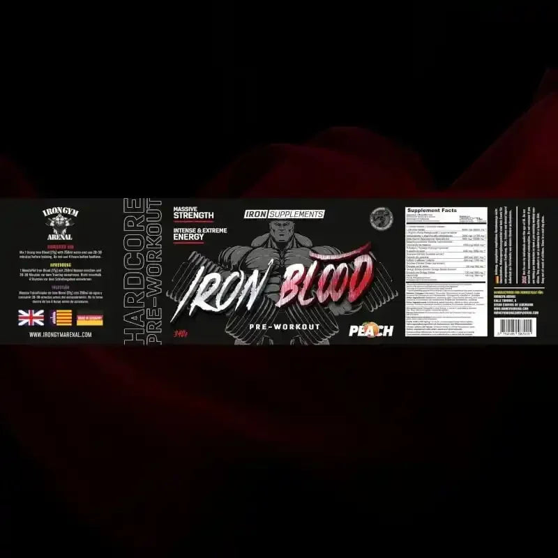 Iron Blood Pre-Workout Trainingsbooster Etikett mit Muskelmann, Supplement Facts und Pfirsich-Geschmack