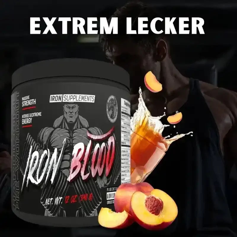 Iron Blood Trainingsbooster Dose mit Pfirsich, Sportler im Hintergrund, Text 'Extrem lecker'.