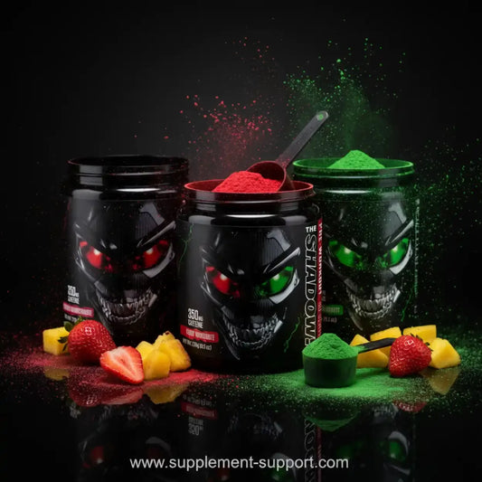 Pre-Workout Booster Pulver in schwarzen Dosen, mit Erdbeeren und Ananas, Fitness Supplement