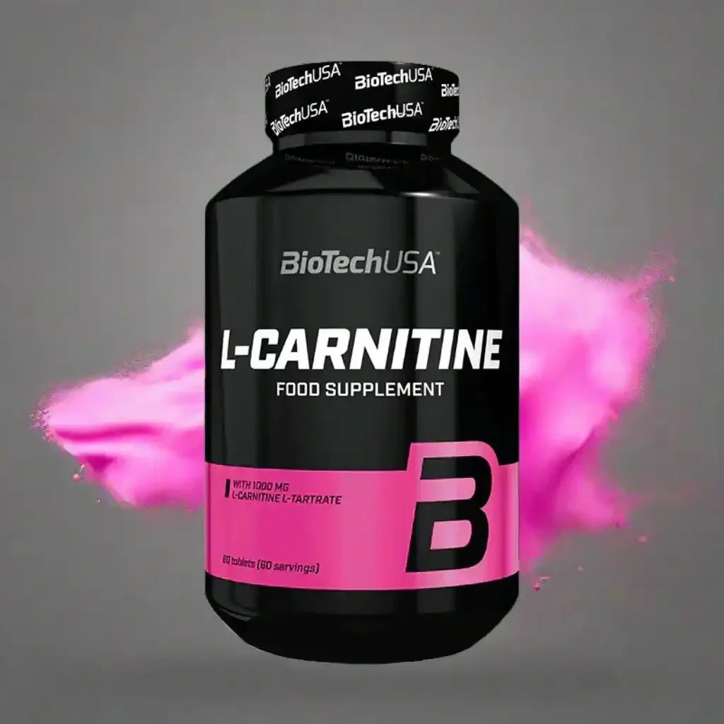 BioTechUSA L-Carnitin Tabletten 1000mg Nahrungsergänzung, schwarze Dose, pinker Hintergrund