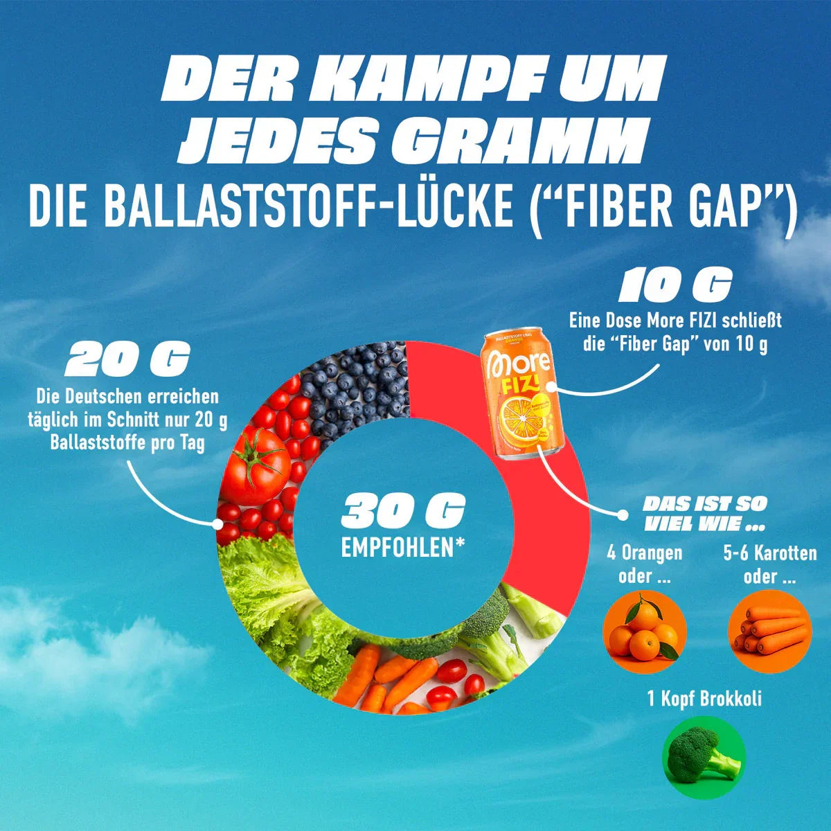 Infografik mit More FIZI Getränkedose, Ballaststoffgehalt, Obst, Gemüse und Ernährungstipps.