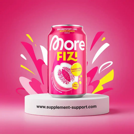 More Fizi White Peach Ballaststoff Limo Dose auf pinkem Hintergrund, www.supplement-support.com