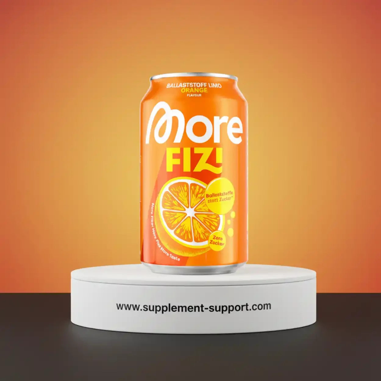 More Fizi Orange Ballaststoff Limo 330ml auf Podest, supplement-support.com, Sportnahrung