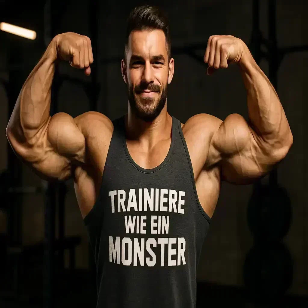 Muskulöser Mann im Fitnessstudio flexend, trägt Tanktop mit Text 'Trainiere wie ein Monster'.