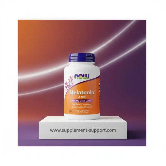 Melatonin 3 mg Schlaf-Supplement 180 Kapseln auf Podest, lila-oranger Hintergrund