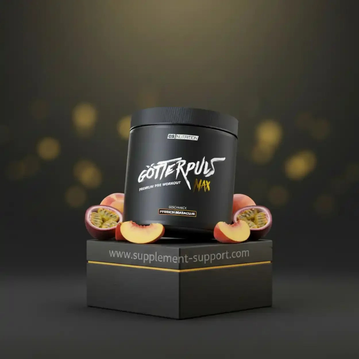 Götterpuls Max Pre Workout Pulver in schwarzer Dose, Pfirsich und Maracuja auf schwarzem Podest