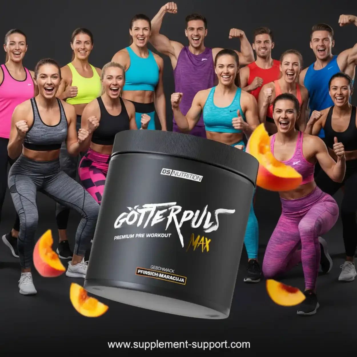 Fitnessgruppe mit Trainingsbooster Götterpuls Max Pfirsich-Maracuja vor dunklem Hintergrund