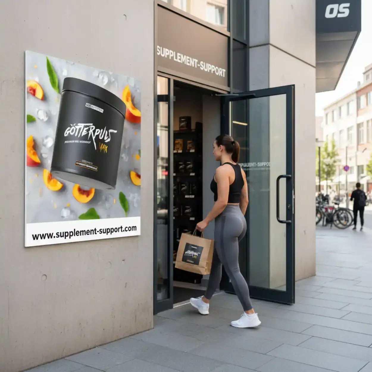 Sportliche Frau betritt Nahrungsergänzungsmittel-Geschäft, Götterpuls Trainingsbooster Plakat an Wand