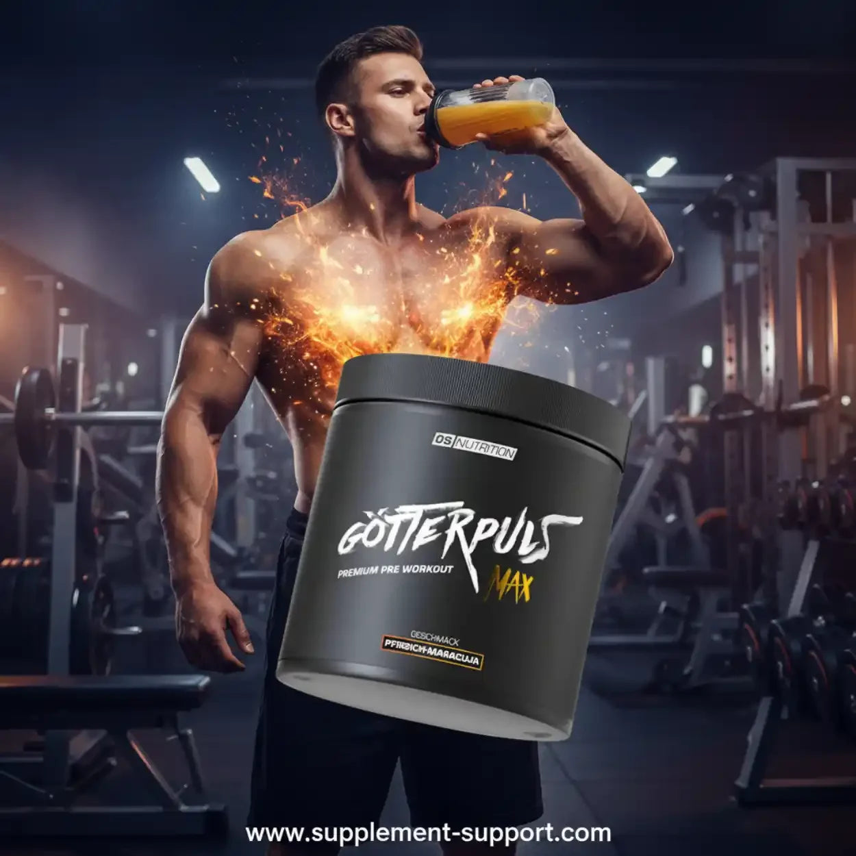Muskulöser Mann trinkt Pre-Workout-Drink im Fitnessstudio, Götterpuls Booster Dose im Vordergrund